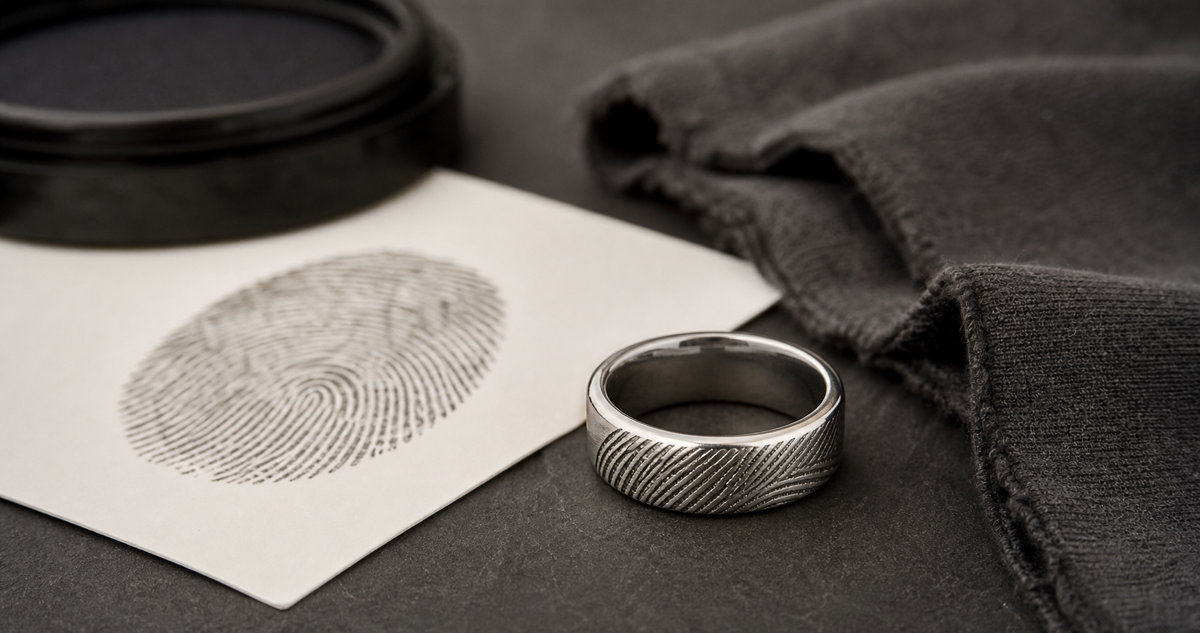 Premium fingerprint wedding band for men image with a silver band and fingerprint card